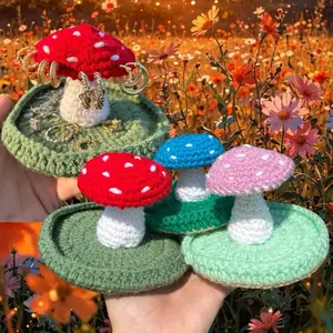 Mushroom Trinket Jewelry Dish - Handmade Crochet Design with Vibrant Colors for Organizing Rings and Earrings
