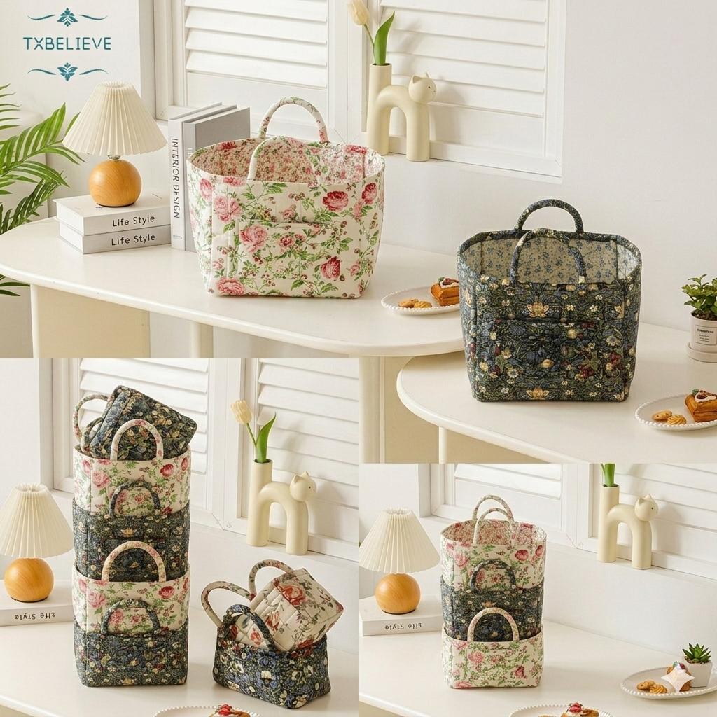 Quilted Fabric Storage Basket with Handles – Boho Foldable Floral Organizer Bin for Home, Picnic, Shopping, Travel