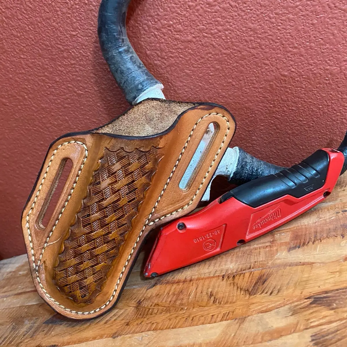 Tooled leather utility knife pouch sheath