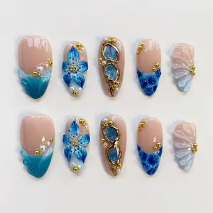 Holiday Blooming Blue Flower Nails/Blue press on nails long almond nails/Elegant nails/Blue flower nails/Summer nails/Custom nails Shell