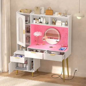 Cyclysio 48'' Makeup Vanity with Hutch, Charging Station and LED, Tall Vanity Table with Pegboard, Mirror, 5 Big Drawers & Shelves, Cabinet, Dressing Tables