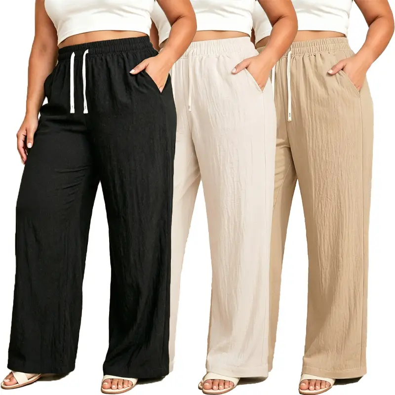 3-pack women’s linen wide-leg straight-cut pants with a linen texture, high-waisted drawstring design, loose straight cut with side and back pockets—lightweight, comfortable, old-money style linen long pants, essential for everyday wear.