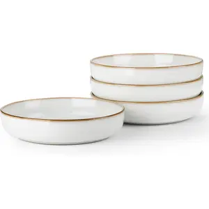 Stoneware Pasta Bowls, 35oz Large Salad Pasta Serving Bowl Set of 4, Wide and Shallow Ceramic Plate Bowls for Serving Soup, Dinner, Microwave & Dishwasher Safe, Pearl White