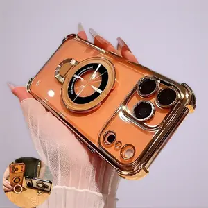 New Fashion DIY Magnetic Bracket Phone Case with Four Airbag Corners Shockproof Electroplated Clear Soft for iPhone 17 Pro Max Air 11-16 Plus with Magsafe Kickstand Holder Protection Transparent Durable Protective Casing