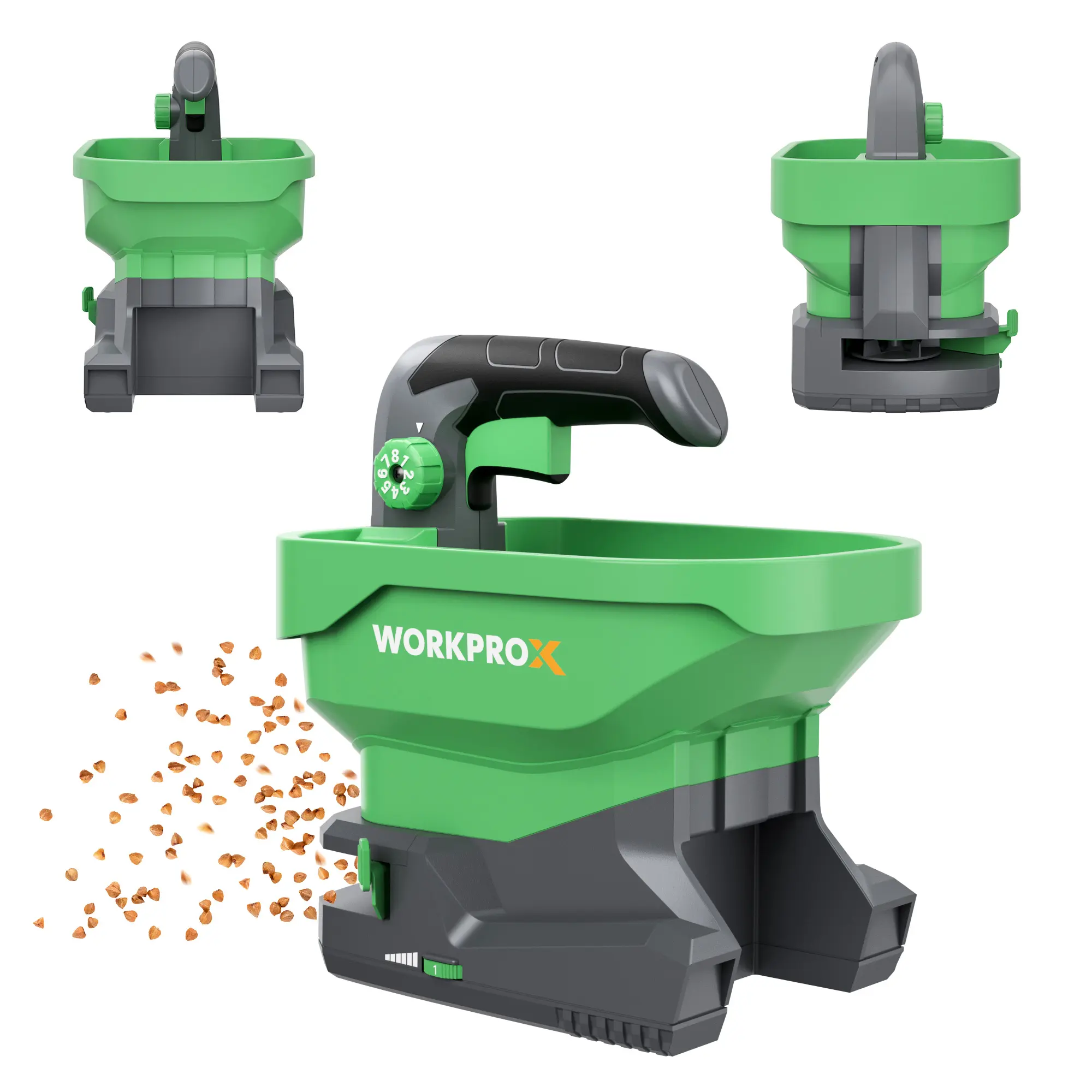 #fathersdaygift WORKPROX Battery Powered Fertilizer Spreader, 7.2V Seed Spreader for Salt, De-Icer, Earth Food, Rechargeable Grass Seed Spreader with 8-Level Settings and Holds up to 6458 sq.ft. of Product