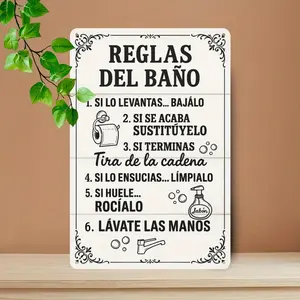 2D Flat, 1pc 8*12in "Reglas Del Baño" Spanish Bathroom Rules Metal Sign. Vintage Ornate Design with Illustrated Icons, Suitable for washroom bathroom toilet, Guest Restroom, Public Space, home . Functional Gift for Spanish-Speaking Homeowners