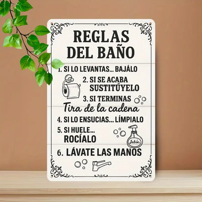 1pc 12x8in Durable Fade-Resistant Aluminium "Reglas Del Baño" Spanish Bathroom Rules Metal Sign - Vintage Ornate Home Decorations Print, Illustrated Icons, Hangable Indoor Plaque, Functional Gift for Spanish-Speaking Homeowners