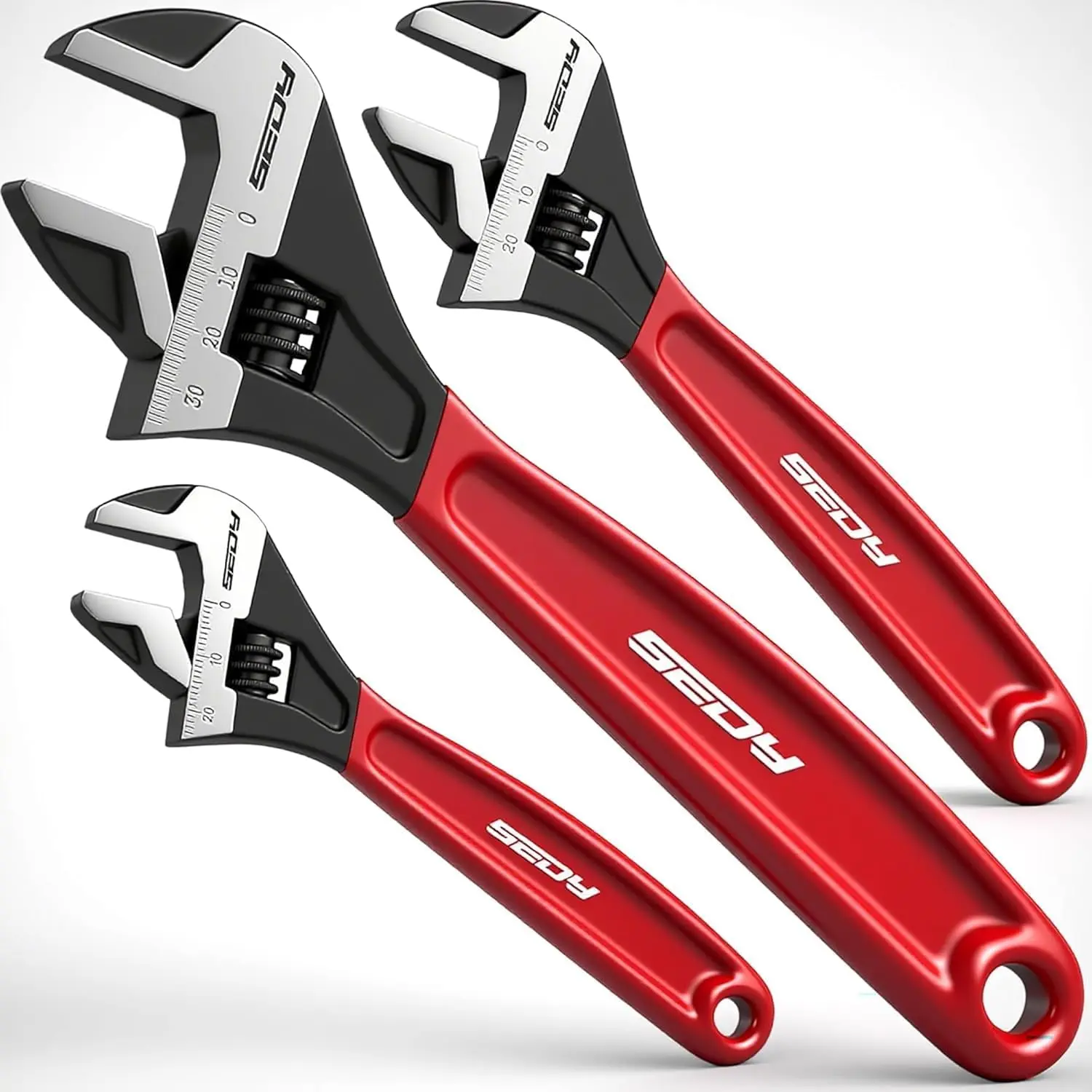 Adjustable Wrench Set – SEDY 3-Piece Wide Jaw Wrenches (6", 8", 10"), CR-V Steel with Metric & SAE Scale for Plumbing & Repair