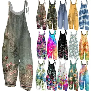 Women’s Summer Plus Size Floral Boho Bib Cotton Linen Overalls/Rompers, 2025 Hippie Style, Printed, Spaghetti Straps