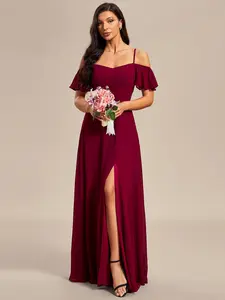 Ever-Pretty 2026 Valentine dress Elegance Spring  Dress  Women's Elegant Burgundy Off-the-shoulder Ruffled Short Sleeve High Slit Chiffon Maxi Dress for Wedding Guest dresses,Bridesmaid Dresses,Formal dresses,00237