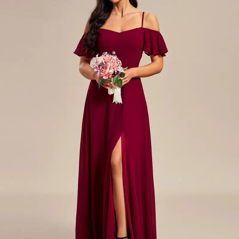 Ever-Pretty Women's 2026 Elegance Fall Burgundy Off-the-shoulder Ruffled Shortsleeve Polyester High-Slit Maxi Dress with Zipper, Formal Wear Gown for Wedding Guests, 00237