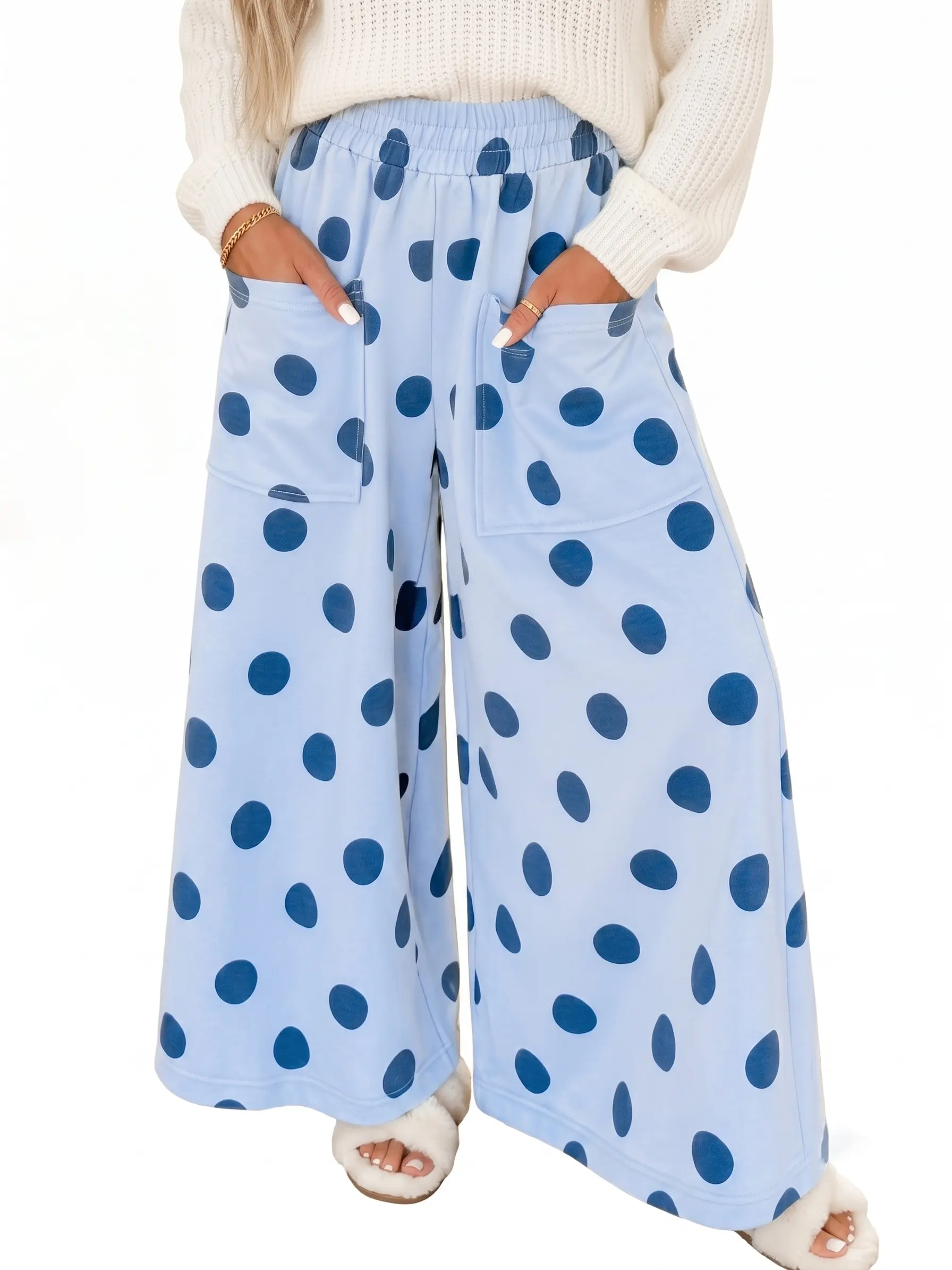 Women's Casual Wide Leg Pants Elastic High Waist Polka Dot Lounge Trousers with Deep Pockets