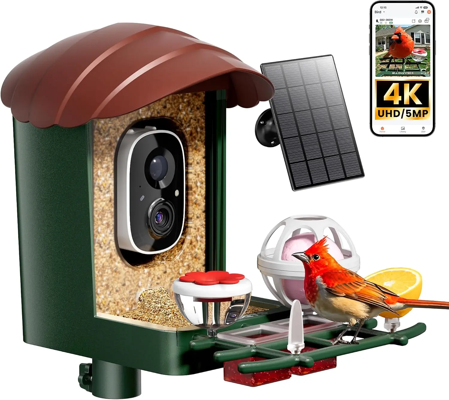 Bird Feeder with Camera Solar Powered, 4K UHD Video, AI Bird Recognition, Auto Capture with Instant Notifications, IP65 Weatherproof, Gifts for Seniors Bird Watchers, Brown