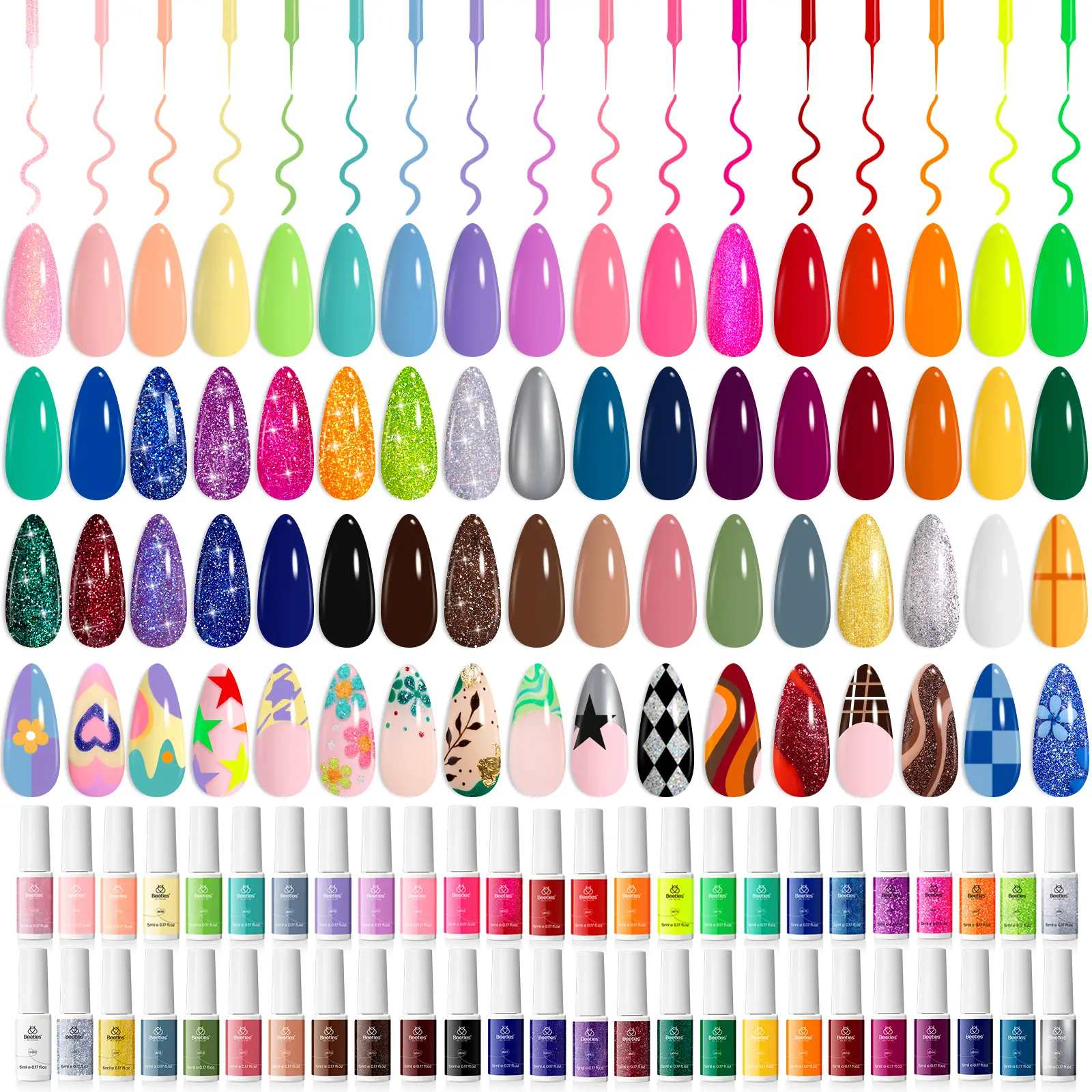 Beetles Gel Liner Nail Art Polish Set 50 Colors Reflective Gold Glitter | Green Pink Red Blue Silver Gel Nail Polish Soak Off UV Built Thin Brush in Bottle Nails Design Rainbow Gift for Women
