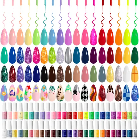 Beetles Gel Liner Nail Art Polish Set 50 Colors Reflective Gold Glitter | Green Pink Red Blue Silver Gel Nail Polish Soak Off UV Built Thin Brush in Bottle Nails Design Rainbow Gift for Women