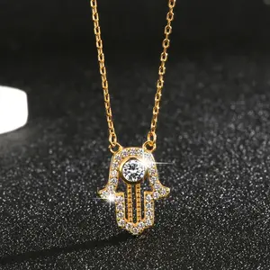 S925 Hamsa Hand Necklace for Women, Dainty CZ Evil Eye Pendant, Lucky Amulet Jewelry, Golden Plated Statement Necklace, TikTok Viral Trendy Gift