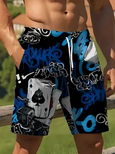 Men's 3D poker pattern printed drawstring Streetwear Sports Shorts, casual, comfortable, breathable, perfect for summer, ideal for outdoor sports, beach vacations, and everyday wear.
