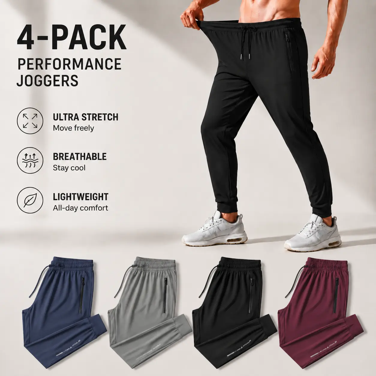 Men's Slim-Fit Polyester Joggers with Zipper Pockets - Lightweight Cuffed Stretch Sweatpants, Unisex Athleisure for Spring Summer Running, Gym, Cold Wash Solid Design, Athletic Wear, Sporty Chic, Cuffed Hems, Slim-Fitting, All Seasons, Soft Comfortable Tr