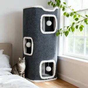 RAYBEE Multi-Level Foldable Cat Tree Tower Suitable for Indoor Cats, Modern Space-Saving Cat Furniture with Scratch-Resistant Design, Interactive Hanging Toy Balls & Top Bed, Multi-Tier Cat House for Kittens, Beige/Grey, Ideal Gift for Small Spaces