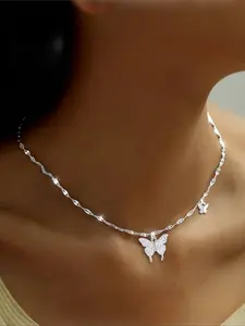 Elegant S925 Silver Butterfly Pendant Necklace with Synthetic Zirconia Inlays - Hypoallergenic, Versatile for Daily Wear & Parties, Perfect Gift for Women, Butterfly Jewelry, Charms Necklace