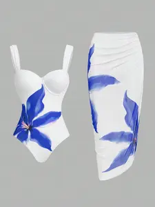 Women's Elegant Blue Floral Print One-Piece Swimsuit with Mesh Cover Skirt, Slimming Two-Piece Swimwear for Beach Pool Party