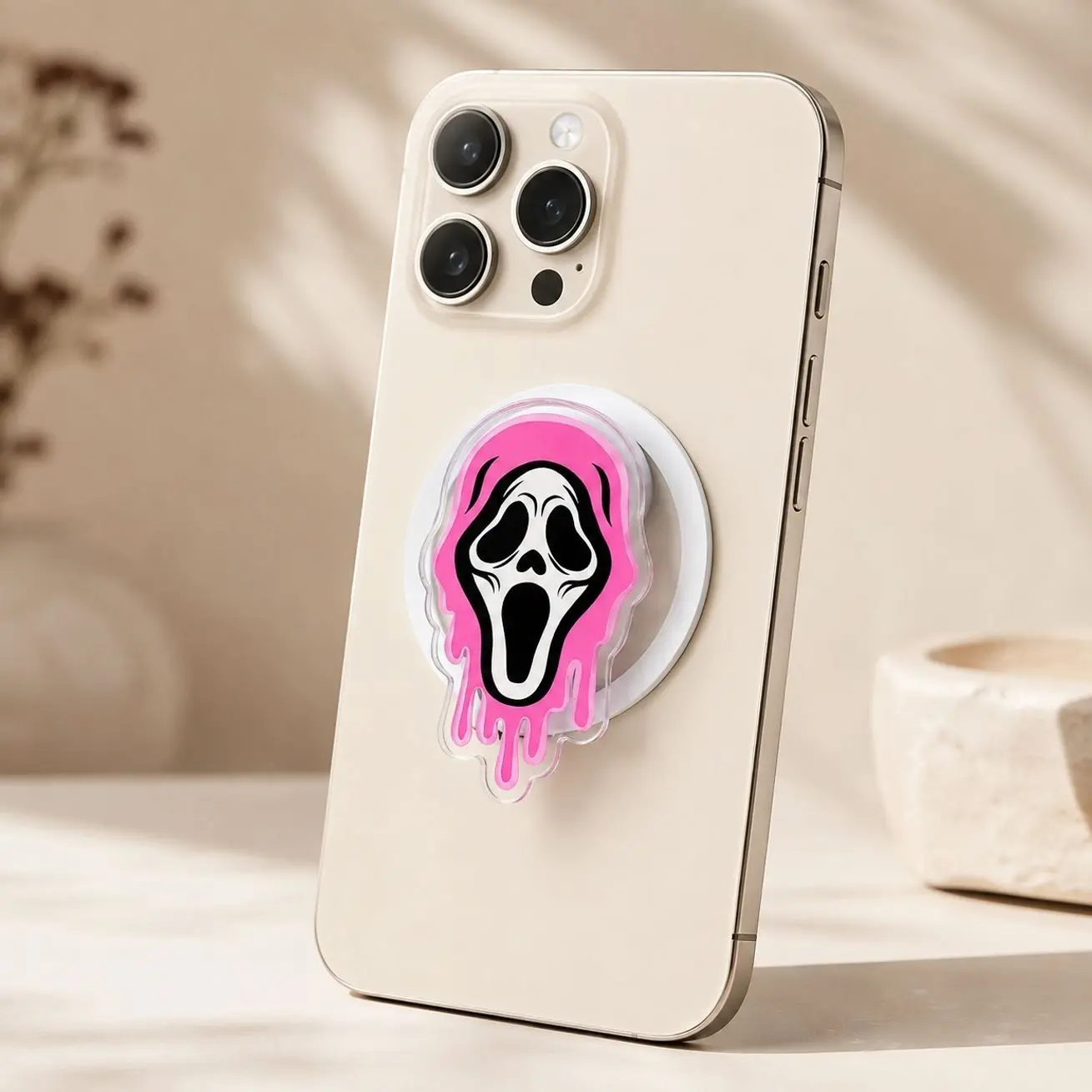 Pink Dripping Ghostface Magnetic Phone Holder - Spooky Pastel Goth Aesthetic Phone Stand Accessory