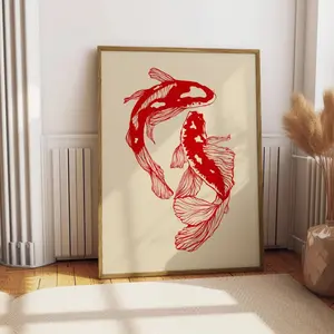 1 Piece, Red Koi Wall Art Print, Vintage Print, Wall Painting, Fashion Wall Art, Aesthetic Wall Art, Art Print, Koi Print, Suitable for Living Room Decoration, Bedroom Decoration, Frameless, Unframed Wall Art, Artwork
