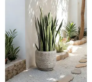 LuxenHome Speckled Ceramic Planter, 12" Gray Grid Pattern