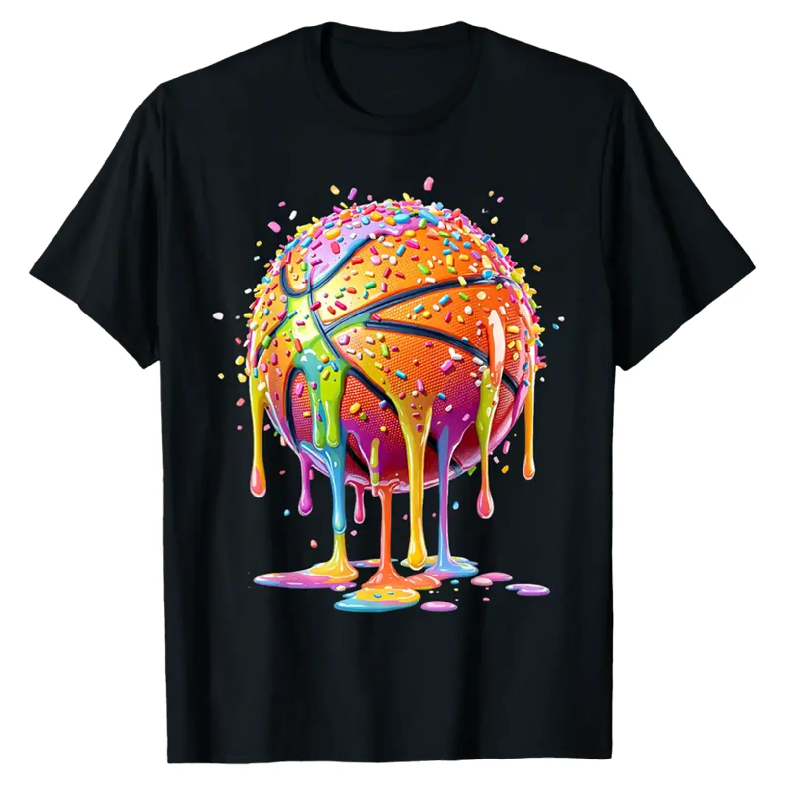 Unisex Premium Soft Cotton Crew Neck Short-Sleeve Sports T-Shirt - Colorful Drip Candy Sprinkles Basketball Graphic Print