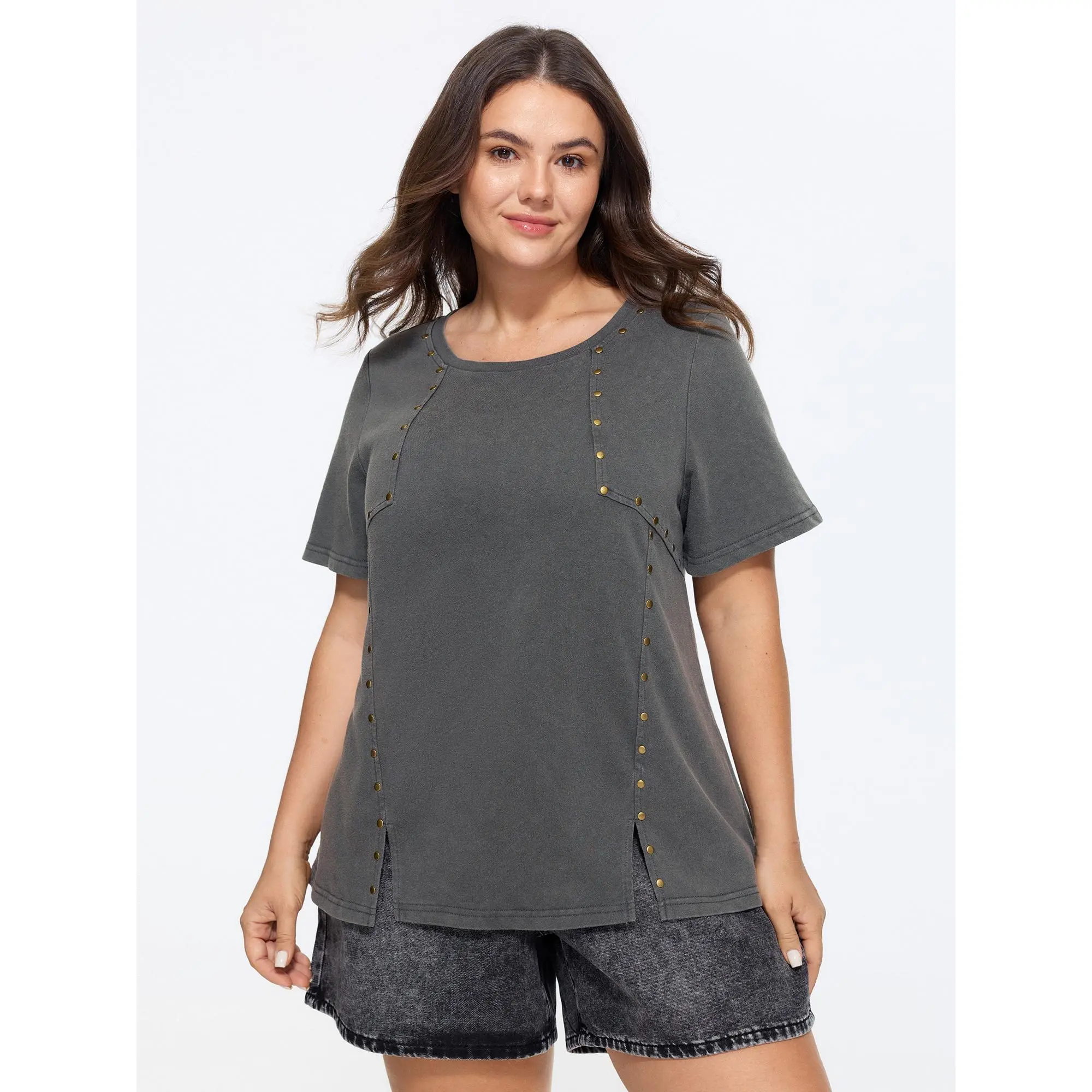 BloomChic Plus Size Beaded T-Shirt, Solid Cotton Blend Short Sleeve Basic Top with a Split Hem, Tops, Garment, Fabric, Casual, Fit, Polyester, Beadwork Detail