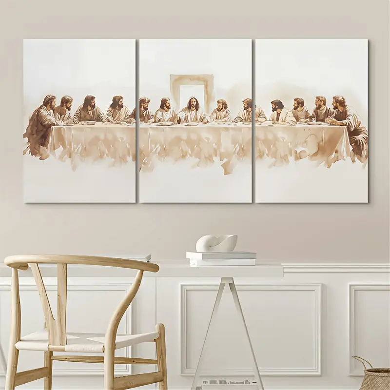3pcs Framed Wood Canvas Print Set - "The Last Supper" Minimalist Modern Jesus Design Christian Art, Vintage Wall Art, Christian Home Decor for Kid Room, Kitchen (Frame Included)