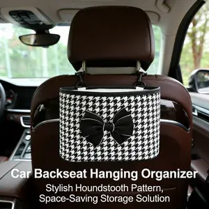 New Houndstooth Car Seat Back Organizer with Bow Decor, Foldable Hanging Storage Bag for Vehicle Backseat, Auto Trash Can & Accessories Holder, Universal Fit for Most Cars, SUVs, and Trucks