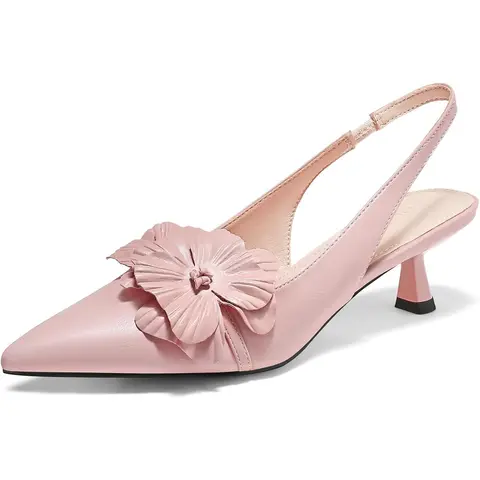 Coutgo Women's Plain Floral Kitten Heel Slingback Pumps - Closed Pointed Toe, Flower Accents, Sweet Charm Dressy Sandals - Footwear for Wedding Party Events