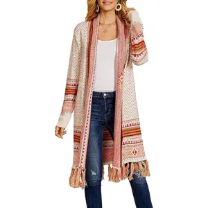 Women Boho Cardigan Sweater Long Open Front Maxi Knit Sweaters Aztec Tribal Tassel Fringe Thin Coat Tops Winter