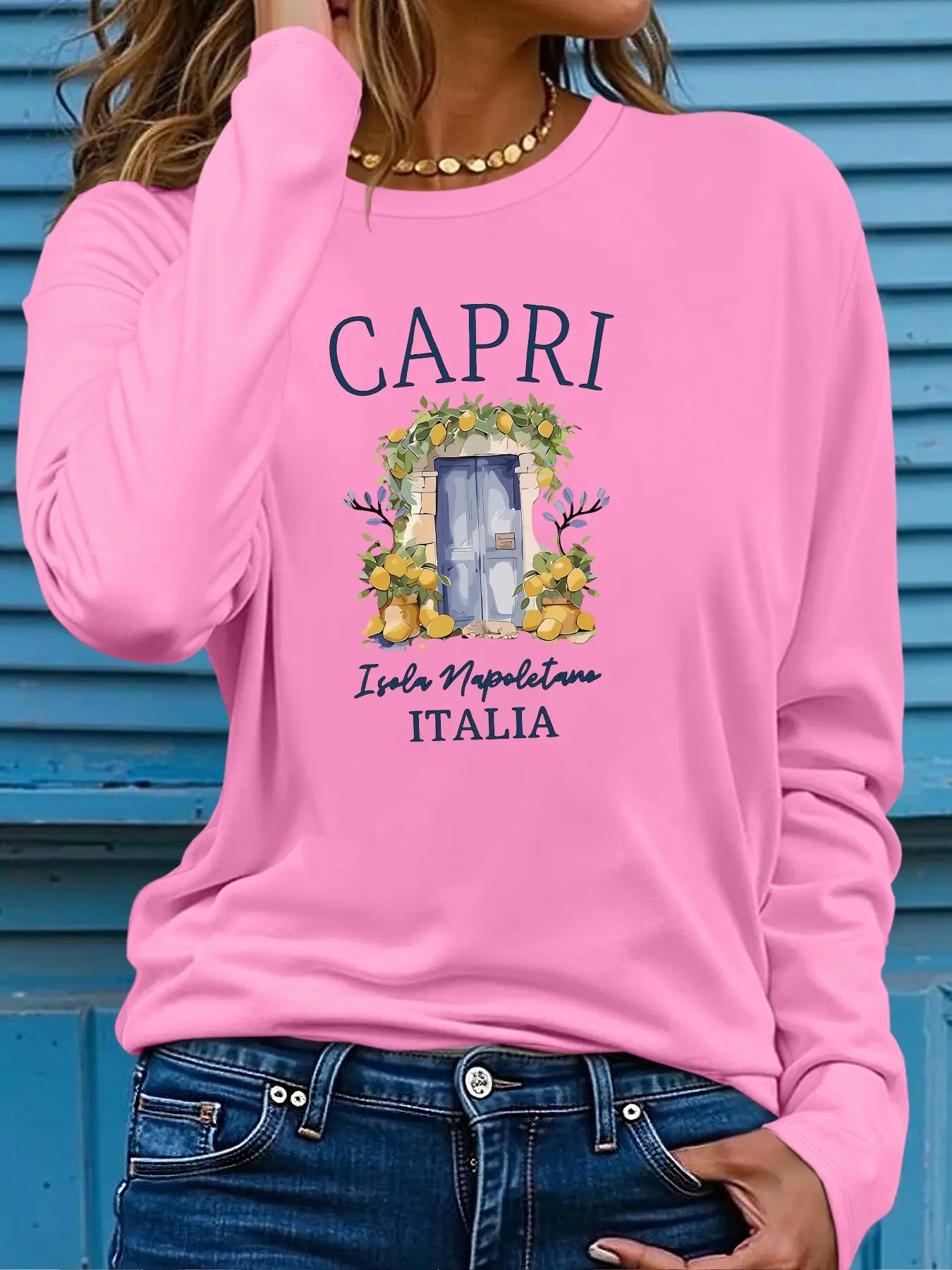 Vintage Capri landscape  Women's printed T-shirt  Tops Casual Lightweight Round Neck Graphic Daily Commuter long-sleeve T-shirt，TikTok Trending T-shirt Women ，Outfit Murah T-shirt Wanit,Comfortable Fabric