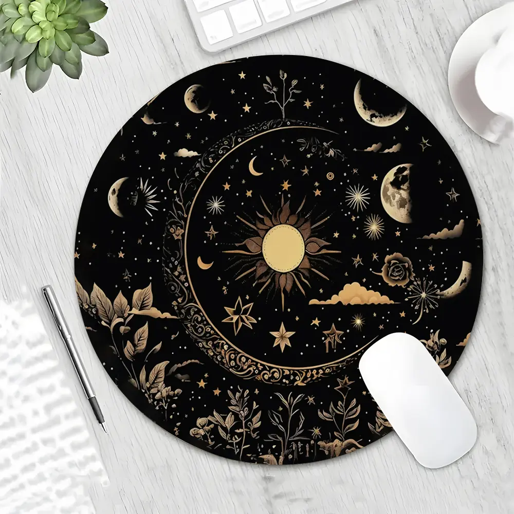 Mystical Celestial Moon Sun Stars Design Round Gaming Mouse Pad, Stylish Desktop Protector with Non-Slip Rubber Edges, Waterproof Small Size for Laptops and Desktops, Ideal Gift for Kids and Gamers, Non Slip Mousepad, Computer Mouse Pad, Mouse Mat