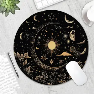 Mystical Celestial Moon Sun Stars Design Round Gaming Mouse Pad, Stylish Desktop Protector with Non-Slip Rubber Edges, Waterproof Small Size for Laptops and Desktops, Ideal Gift for Kids and Gamers, Non Slip Mousepad