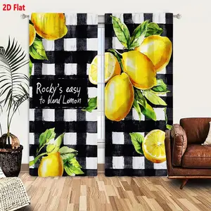 2D Flat  Hot 2-Piece Lemon Leaves Watercolor Pattern Black White Checkered Curtain Set, Light Filtering Fresh Green Yellow Artistic Curtains for Bedroom Living Room, Easy to Hang and Clean, Vibrant Cheerful Decorative Drapes