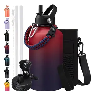 64 oz Water Bottle - Half Gallon Insulated Water Bottles with Straw Keep Ice Cold-48H & Hot-24H, Metal Insulated Water Jug with Paracord Handle, flask Sleeve, Protective Boot