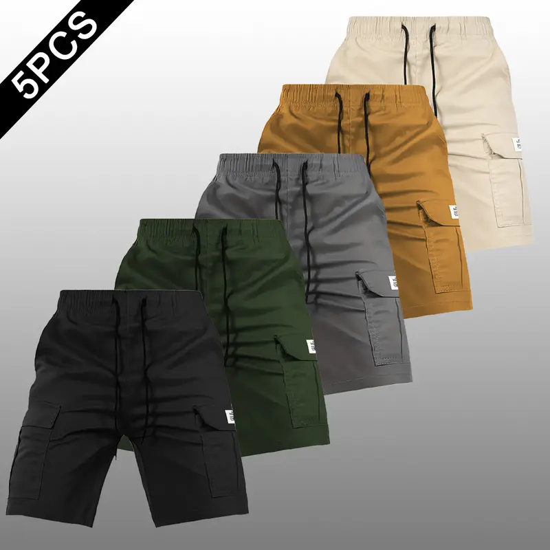 Men’s Summer Loose-Fit Cargo Shorts (Pack of 5) - Baggy, Lightweight Fabric, Large Pockets, Straight-Leg Knee-Length, Breathable Quick-Dry Polyester, Adjustable Athleisure Outdoor Sports Bottoms