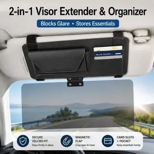 Car sun visor organizer with anti-glare panel, foldable glasses holder, card slots, magnetic pocket—interior storage accessory