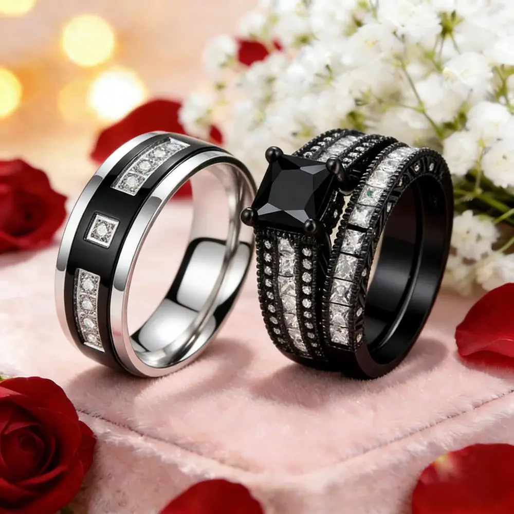 His and Hers Couple Rings Black Gold Color Women Black Zircon Wedding Ring Men Titanium Steel CZ Ring Wedding Band Jewelry Gifts