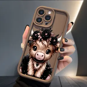 Floral Highland Calf Case for iPhone 17 Air 16 16e 15 14 13 12 11 Pro Max Plus X XS Soft Matte TPU Armor Lens Protection Rugged Phone Back Cover Shockproof Drop Protection