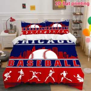 2D Flat 3Pcs Chicago City Skyline Baseball Bedding, Red White Blue Sport Duvet Cover (1 + 2 Pillowcases, Unfilled)-Suitable For Bedroom And Dormitory Room Home Decoration.