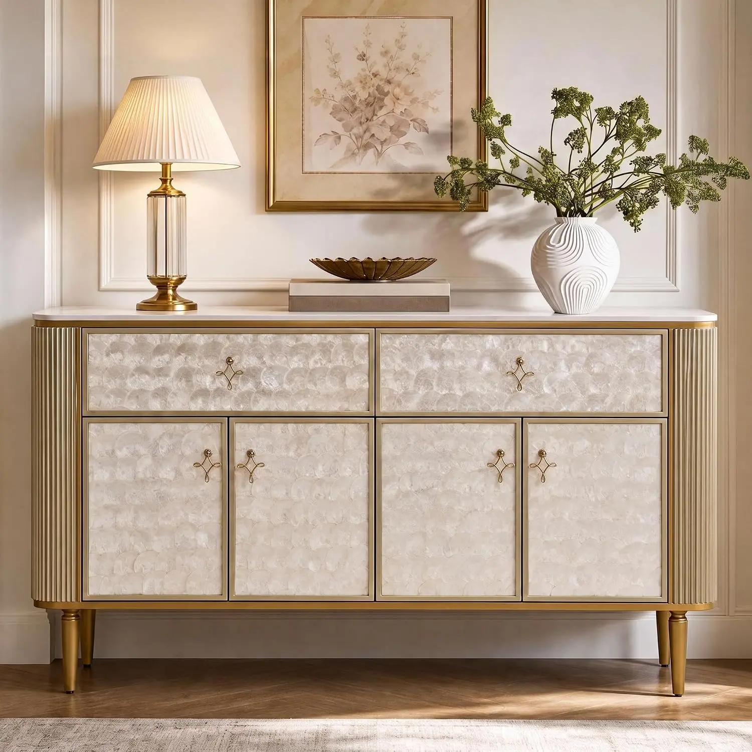 63" Luxury Large Size Sideboard Buffet Cabinet - Handmade Shell Inlay with Gold Trim, Sintered Stone Top, Legged Base, Fully Assembled Large Storage for Kitchen, Dining