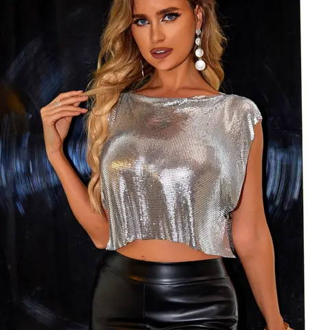 Women's Glitter Round Neck Crop Short Tank Top, Valentine's Day Streetwear Metallic Sleeveless Fitted Cropped Top for Nightclub Music Festival, Gift, Ladies Clothes for All Seasons, Womenswear, Cropped Tank Tops