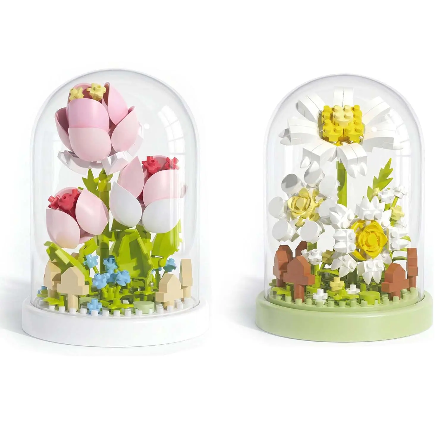 Miniature Tulips & Daisy Flower Bouquet Micro Blocks 2-Pack, Unisex Botanical Collection Safe Plastics Toy Set with 4.13in Dust Cover Dome, Creative Gifts for Gaming Setup, Bedroom Decoration