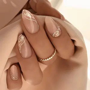 Simple Almond Shape Press-On Nails | Glitter French Tip | False Nails