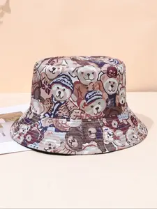 Cartoon Bear Pattern Bucket Hat, Casual Reversible Summer Beach Sun Hat, Packable Fisherman Cap for Women & Men