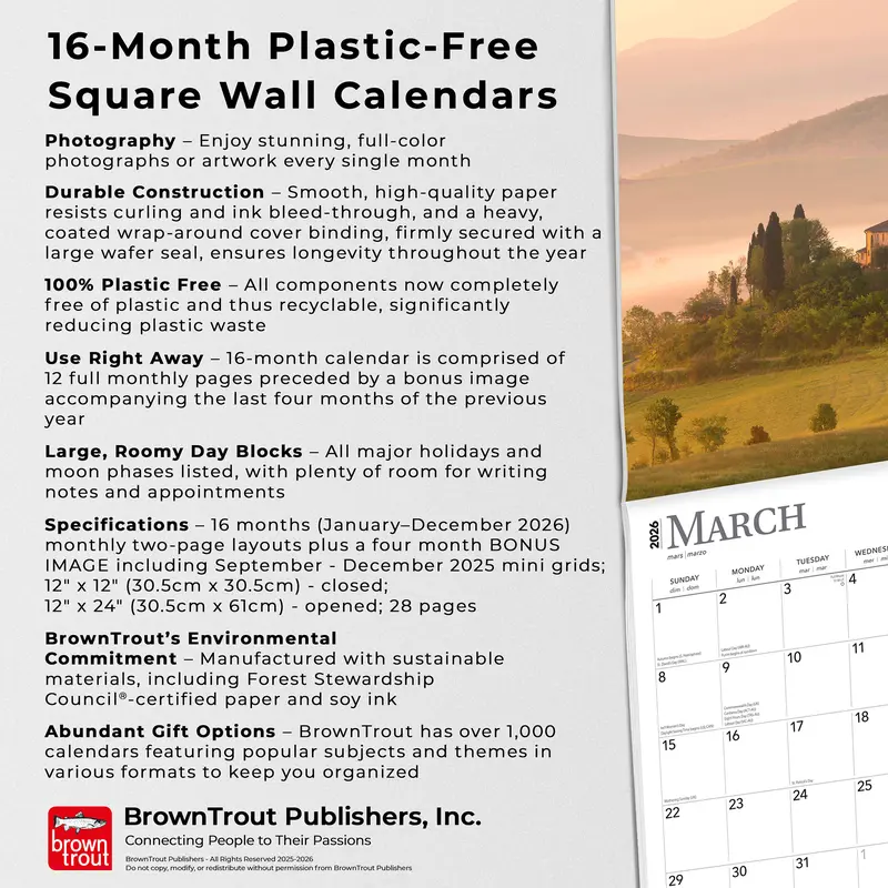 Italy | 2026 12 x 24 Inch (Hanging) Monthly Square Wall Calendar | Plastic-Free | BrownTrout | Scenic Travel Europe Italian Venice Rome 5